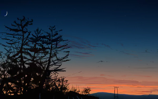 HD anime wallpaper featuring a tranquil sunset with silhouettes of trees and a crescent moon in the sky.