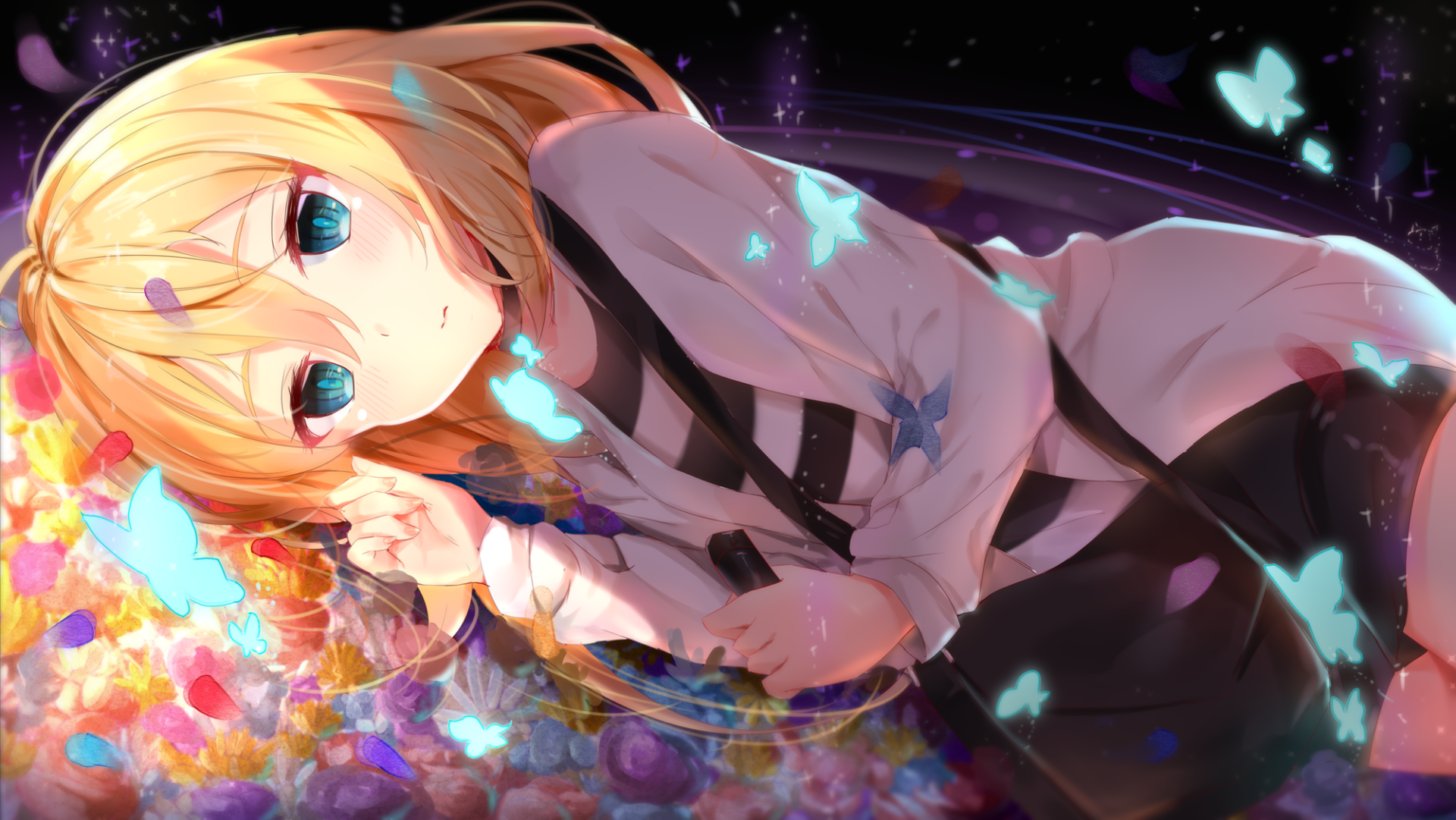 HD wallpaper of Rachel Gardner from the anime Satsuriku no Tenshi (Angels of Death), featuring her lying down surrounded by colorful butterflies and vibrant flowers.