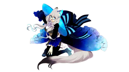 Anime-style character with white hair, blue eyes, glasses, and a tail, smiling and dressed in vibrant blue and black butterfly-themed attire, set against a white background.