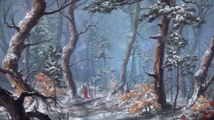 HD wallpaper depicting a winter forest scene with snowfall, featuring a lone fantasy warrior amidst the snow-covered trees. The image conveys a serene yet mystical atmosphere of nature and adventure.