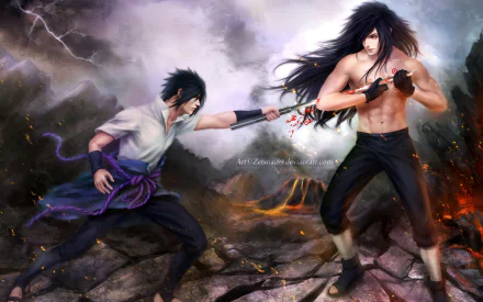 HD PC desktop wallpaper featuring Madara Uchiha and Sasuke Uchiha from the anime Naruto, depicted in an intense battle scene with dramatic lightning and volcanic background.