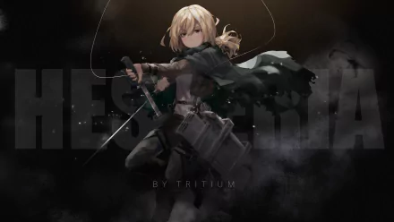 HD wallpaper featuring Historia Reiss from Attack on Titan, depicted in dynamic motion with her gear and sword, against a dark, atmospheric background.