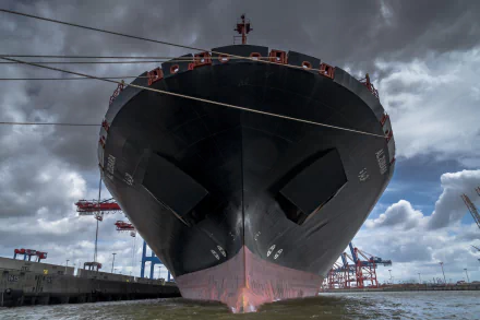 Front-on view of container ship Al Zubara in Hamburg port, a massive maritime vehicle framed by cranes — HD PC desktop wallpaper background.