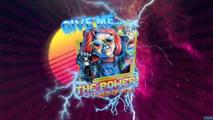 HD PC wallpaper: neon retro Chucky doll wearing sunglasses, grinning amid lightning and a sunset disk with text GIVE ME... THE POWER on a starry, radial background.