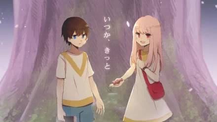 Hiro and Zero Two from Darling in the FranXX standing in a forest, with Japanese text in the background. This HD desktop wallpaper features a serene moment between the characters.
