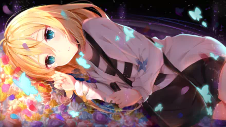 HD wallpaper of Rachel Gardner from the anime Satsuriku no Tenshi (Angels of Death), featuring her lying down surrounded by colorful butterflies and vibrant flowers.