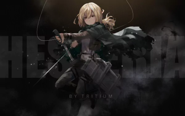 HD wallpaper featuring Historia Reiss from Attack on Titan, depicted in dynamic motion with her gear and sword, against a dark, atmospheric background.