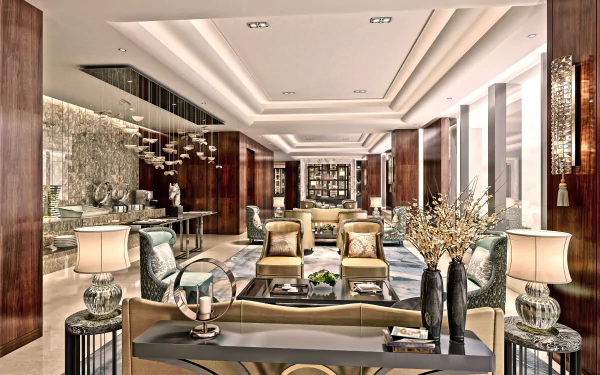 Modern living room with elegant furniture, stylish decor, and warm lighting, captured in 4K Ultra HD for a vibrant PC desktop wallpaper and background.