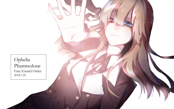 2K Quad HD PC wallpaper of Ophelia Phamrsolone (Fate/Grand Order): anime portrait with heterochromia, long blonde hair, mismatched blue and pink eyes, reaching toward viewer on white background.