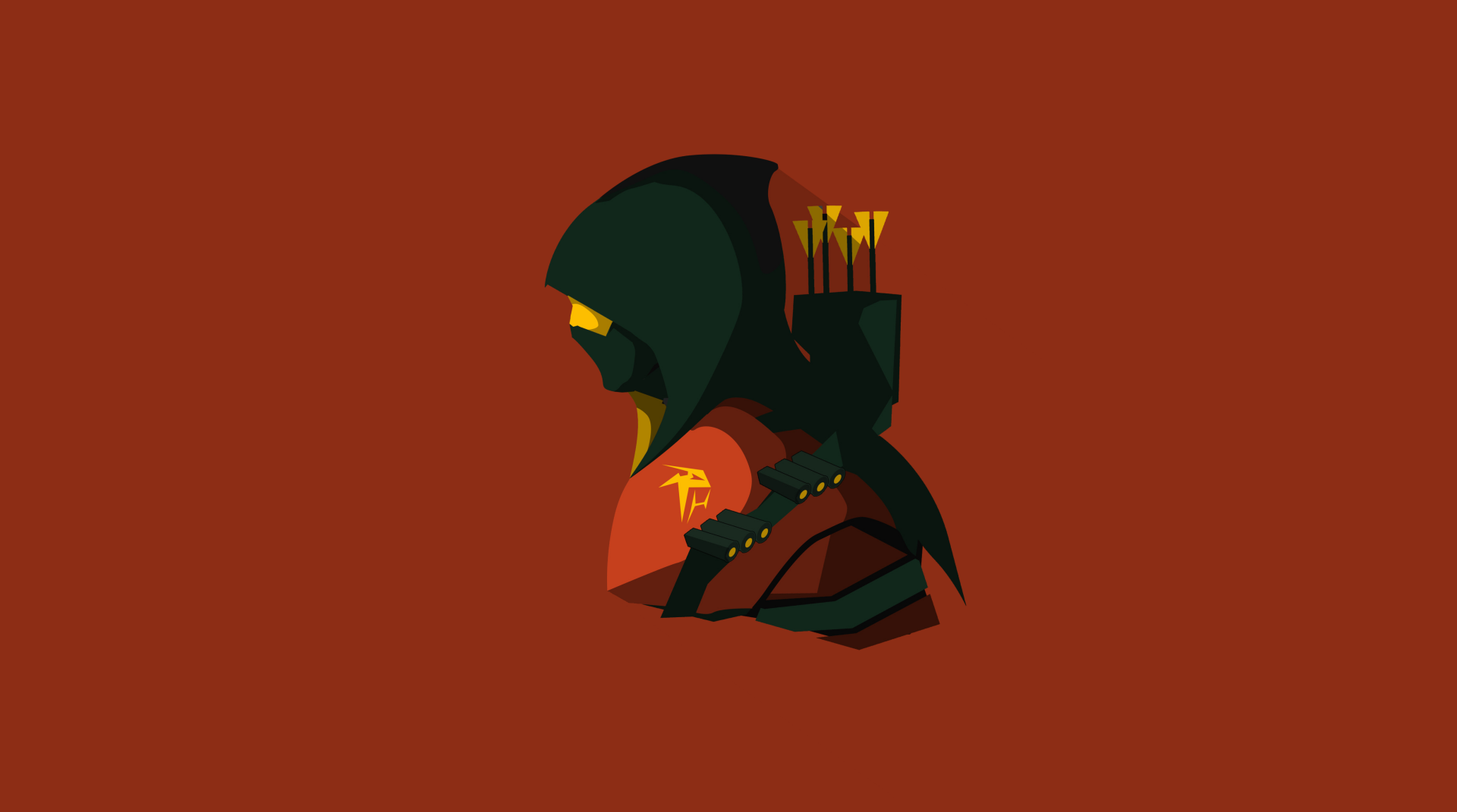 Comic-style Red Hood profile with hood, mask and quiver on a solid rust background — 4K Ultra HD PC desktop wallpaper and background.