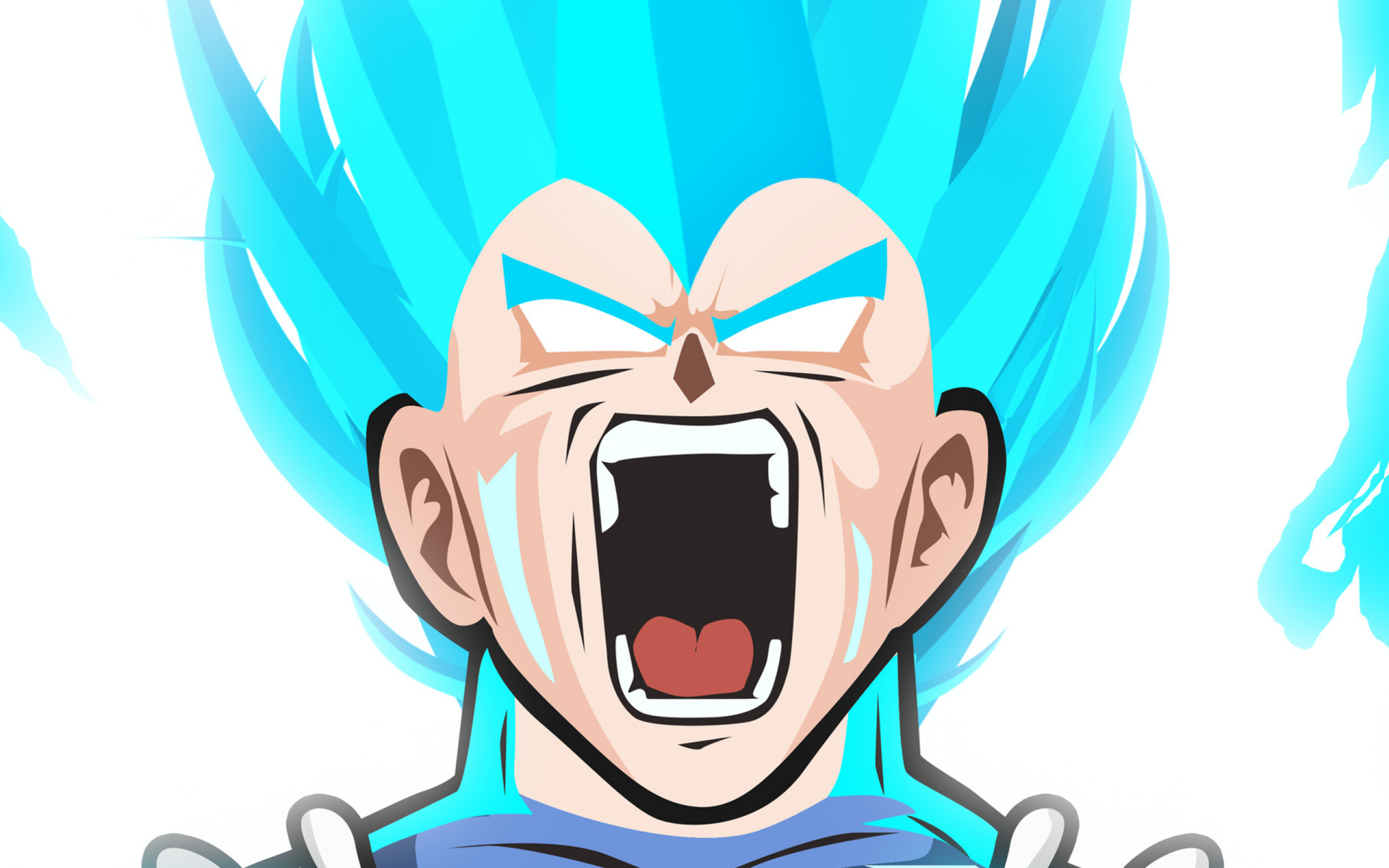 Close-up of Vegeta from Dragon Ball Super in Super Saiyan Blue, screaming with bright blue hair and aura, vibrant 2K Quad HD PC desktop wallpaper.