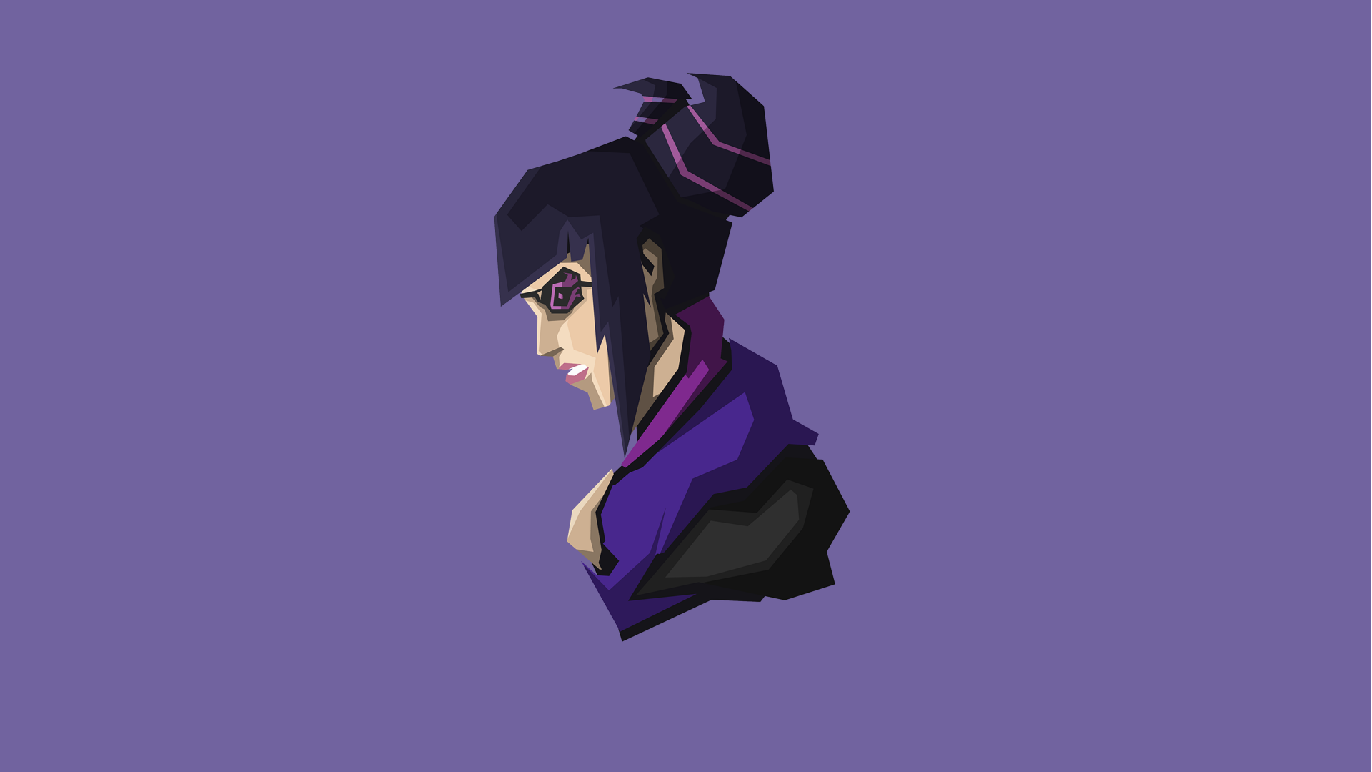 Comic-style side portrait of a dark-haired woman with glasses and a purple scarf on a minimalist violet field — 8K Ultra HD PC desktop wallpaper and background.