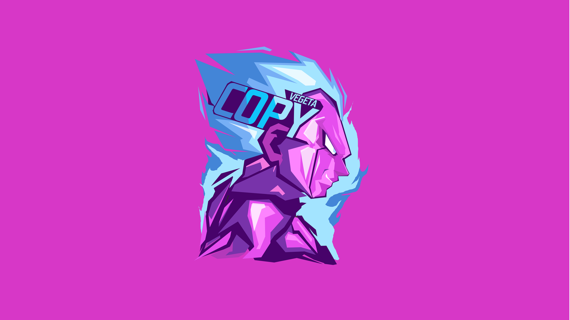8K Ultra HD anime wallpaper featuring Vegeta from Dragon Ball Super in a stylized profile with vibrant blue and purple tones on a pink background.