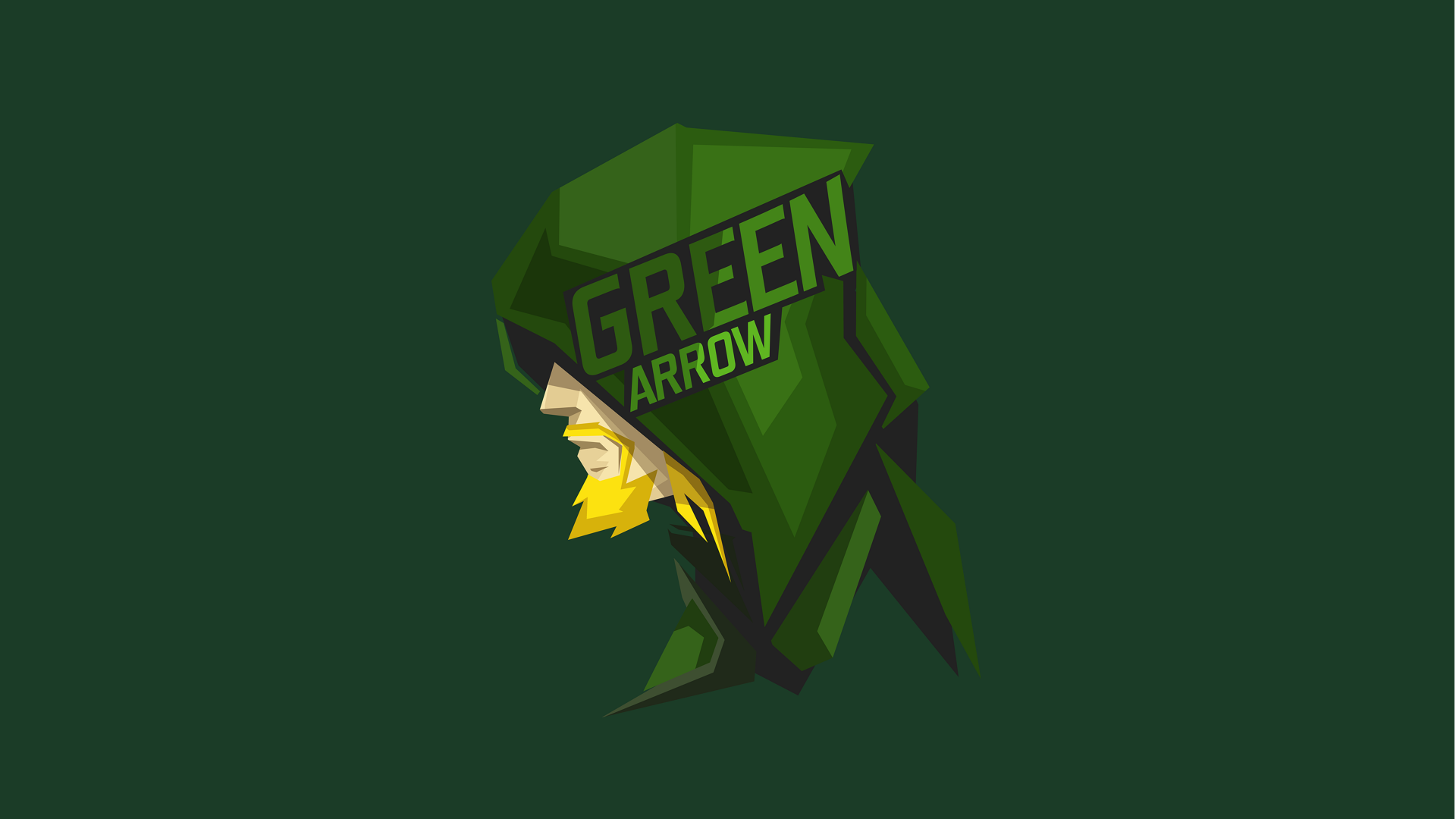 Bold comic-style Green Arrow hooded profile with GREEN ARROW lettering — 8K Ultra HD PC desktop wallpaper/background on a deep green field.