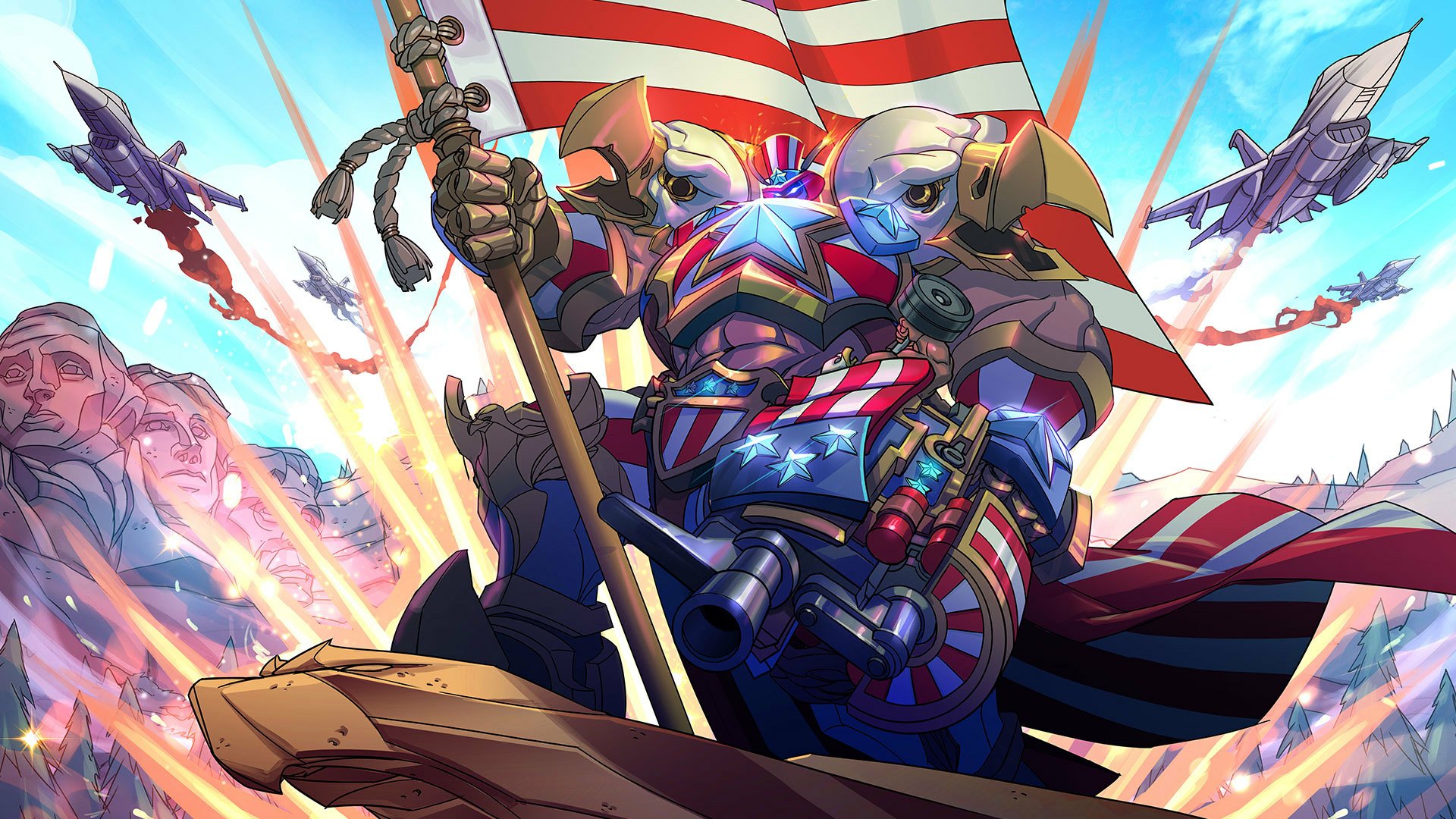 HD PC desktop wallpaper of Khan from Paladins video game: armored patriotic juggernaut clutching a flag and heavy weapon amid explosions and a dramatic sky-filled battlefield.