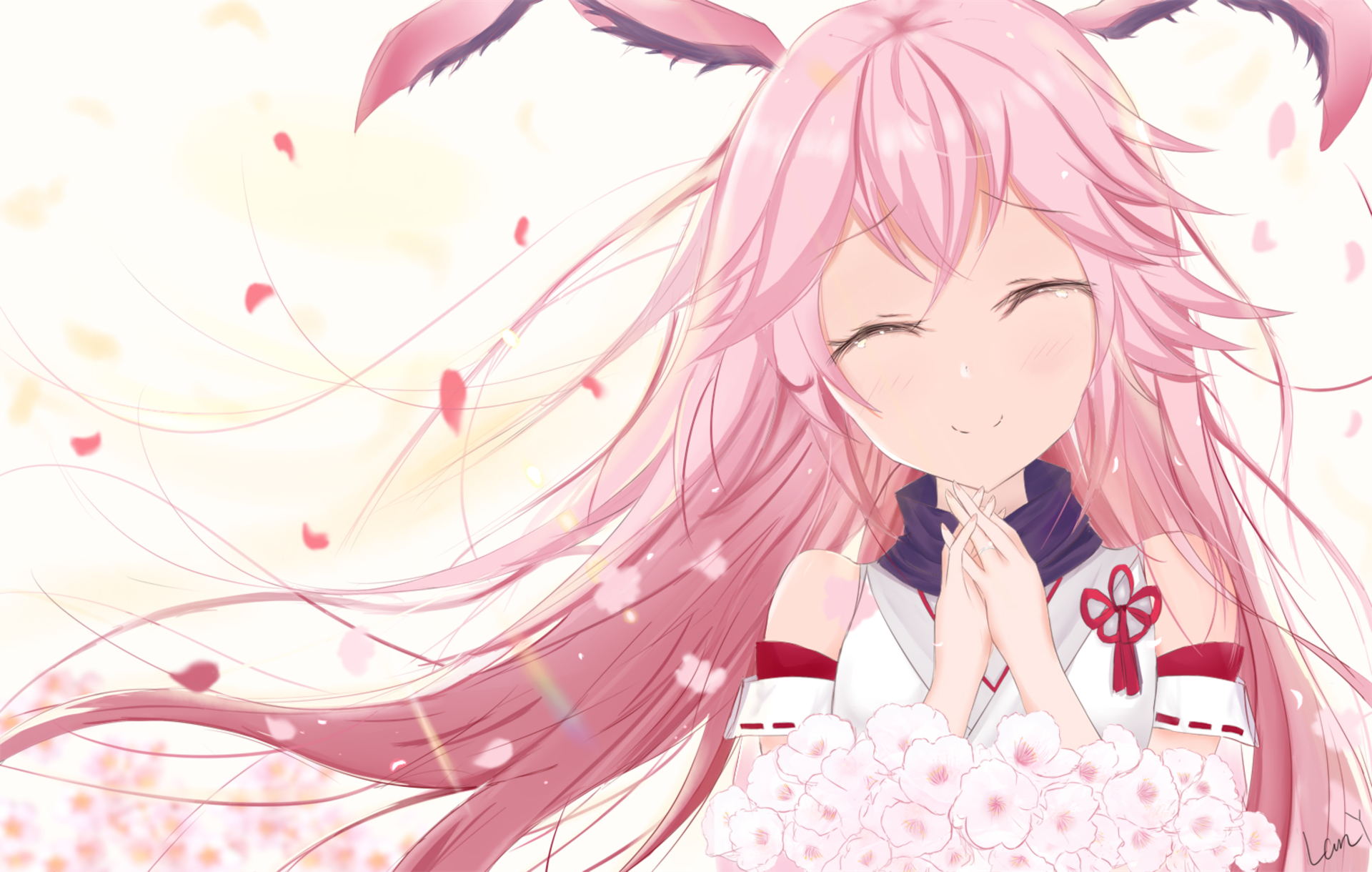 Yae Sakura from Benghuai Xueyuan stands happily amidst falling petals, surrounded by blooming flowers. This vibrant HD anime wallpaper captures her cheerful essence beautifully.