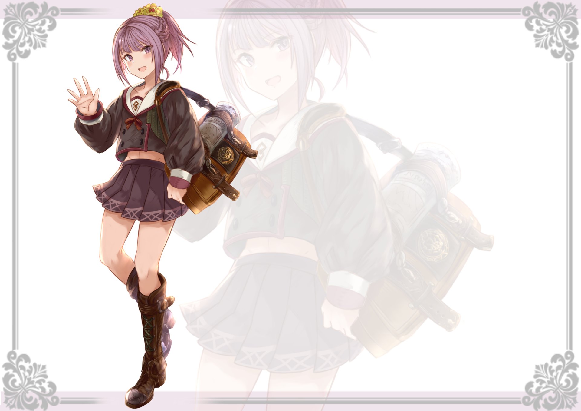 Helena Blavatsky from Fate/Grand Order in anime style, school uniform with satchel and knee boots, standing with a faded oversized portrait behind — 2K Quad HD PC desktop wallpaper.
