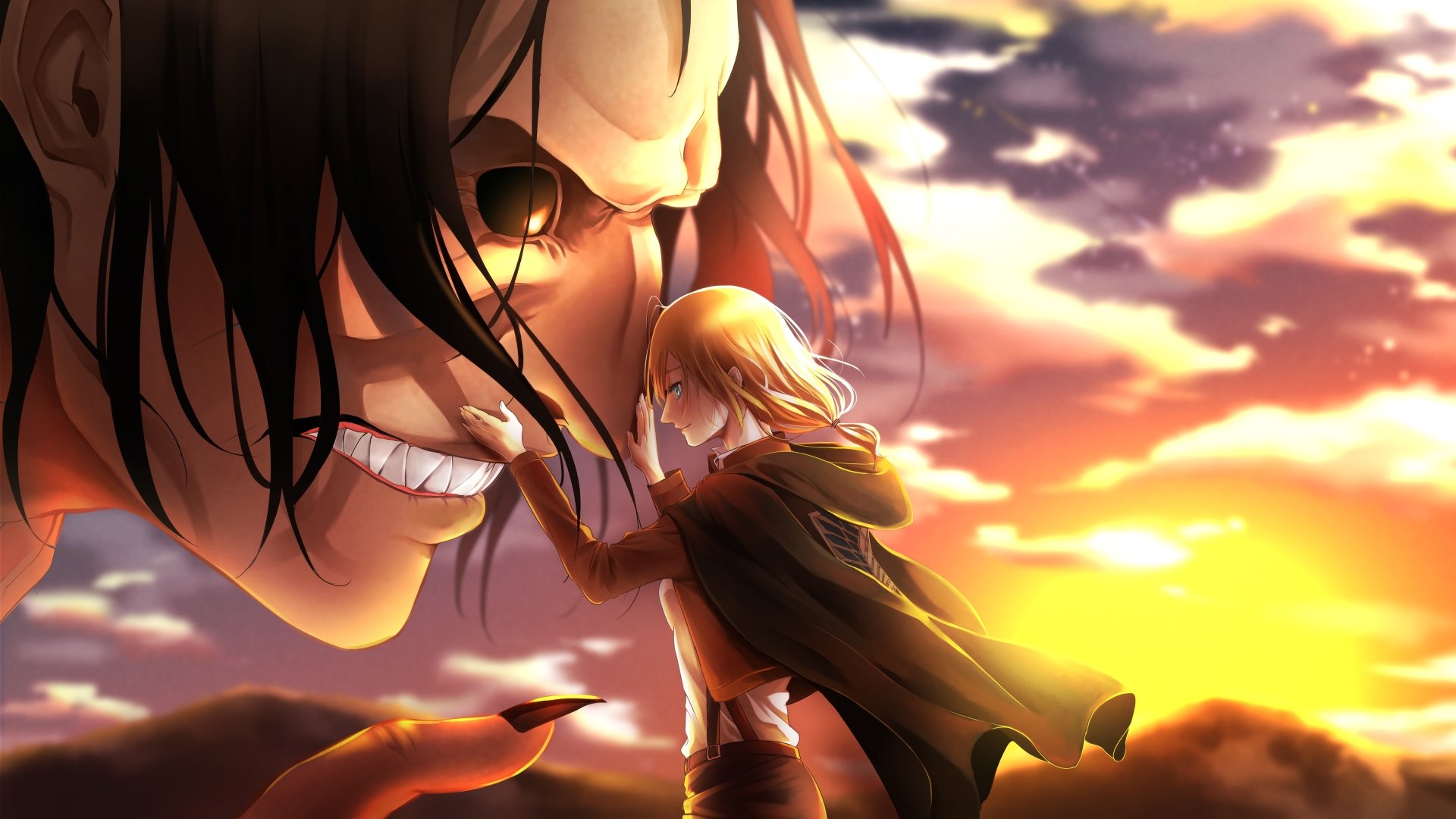 An 8K Ultra HD Attack on Titan wallpaper featuring Historia Reiss touching the face of Ymir's Titan form against a dramatic sunset sky.