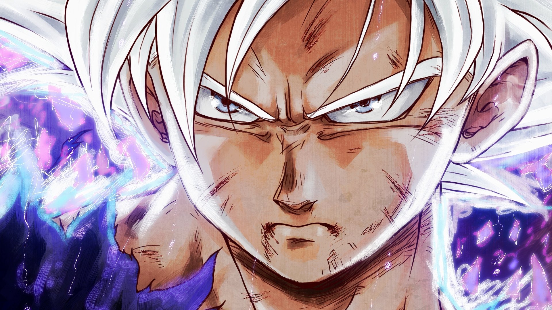 Close-up of Goku with white hair and eyes in Ultra Instinct form, featuring intense expression and glowing energy, from Dragon Ball Super in 4K Ultra HD.