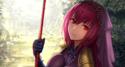 HD desktop wallpaper featuring Scathach from Fate/Grand Order. She has pink hair and red eyes, holding a staff, with a serene forest background.