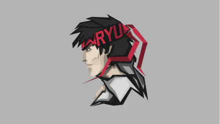 Geometric portrait of Ryu (Street Fighter) with red headband on gray backdrop — 8K Ultra HD PC desktop wallpaper and video game background.