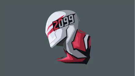 8K Ultra HD PC desktop wallpaper featuring a stylized comic illustration of Spider-Man 2099’s futuristic helmet and upper suit in red, white, and black tones.