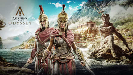 HD desktop wallpaper of Assassin's Creed Odyssey featuring Kassandra in ancient Greek armor, standing in a scenic background with temples and a colossal statue.