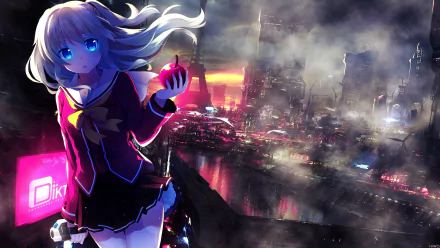 Anime character Nao Tomori from Charlotte, with white hair and blue eyes, in a school uniform holding an apple, stands against a cityscape background. This HD desktop wallpaper features vibrant colors and detail.