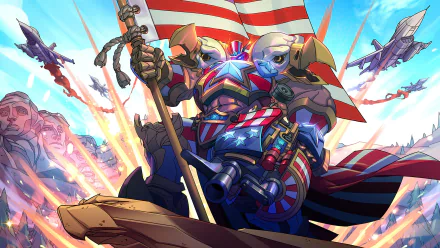 HD PC desktop wallpaper of Khan from Paladins video game: armored patriotic juggernaut clutching a flag and heavy weapon amid explosions and a dramatic sky-filled battlefield.