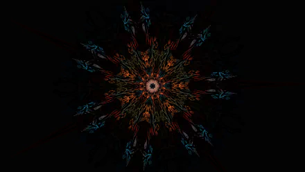 Vibrant abstract kaleidoscope pattern in rich colors radiates symmetrically against a dark background, designed as an HD PC desktop wallpaper and background.