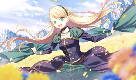 HD PC desktop wallpaper featuring Gelda from Fate/Grand Order in vibrant anime style, with flowing blonde hair and a dynamic pose amidst a bright, floral background.