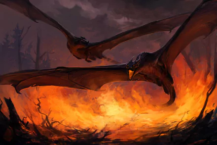 A vivid HD fantasy desktop wallpaper depicting two fire dragons soaring above a blazing inferno, surrounded by dark, smoky skies.
