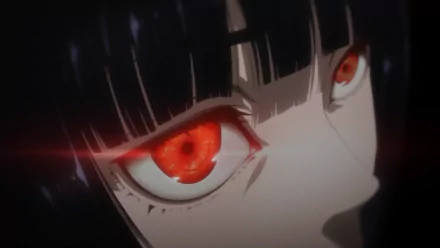 Close-up of Yumeko Jabami's intense red eyes from the anime Kakegurui. This HD desktop wallpaper captures her dramatic and mesmerizing gaze.