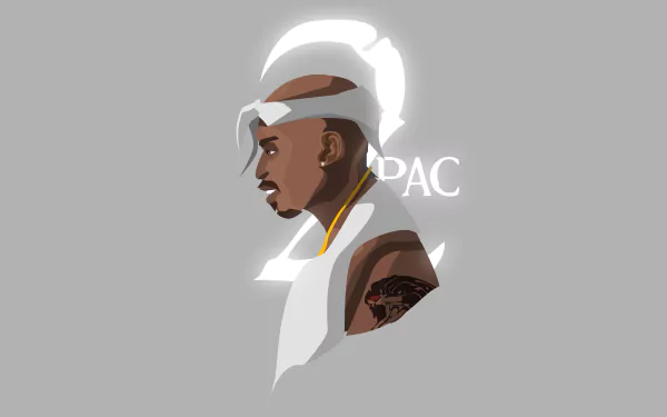 4K Ultra HD PC desktop wallpaper: stylized profile of a late hip-hop artist with gold chain and shoulder tattoo on a gray background — a musical tribute to 90s rap.