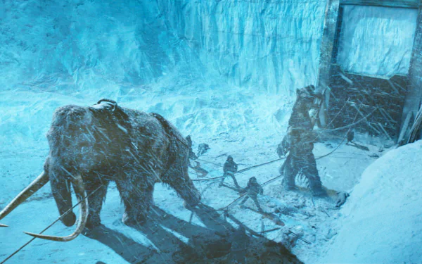 HD PC wallpaper: Wildlings (Game of Thrones) from the TV show haul a mammoth through an icy gate — Game of Thrones desktop background.