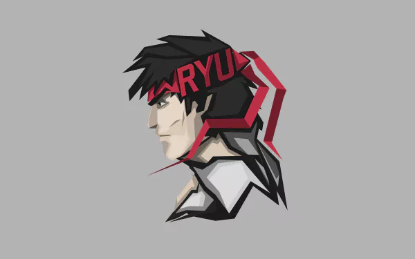 Geometric portrait of Ryu (Street Fighter) with red headband on gray backdrop — 8K Ultra HD PC desktop wallpaper and video game background.