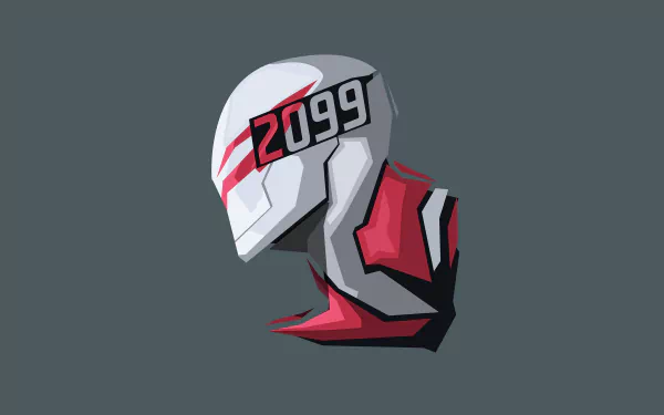 8K Ultra HD PC desktop wallpaper featuring a stylized comic illustration of Spider-Man 2099’s futuristic helmet and upper suit in red, white, and black tones.