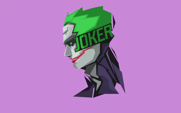 8K Ultra HD PC desktop wallpaper featuring a stylized comic depiction of DC Comics' Joker with vibrant green hair and sharp angular design on a purple background.