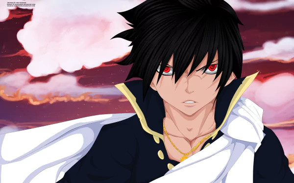 Zeref Dragneel from the anime Fairy Tail stands against a dramatic sky, featured in a vibrant 4K Ultra HD PC desktop wallpaper and background.
