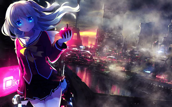Anime character Nao Tomori from Charlotte, with white hair and blue eyes, in a school uniform holding an apple, stands against a cityscape background. This HD desktop wallpaper features vibrant colors and detail.