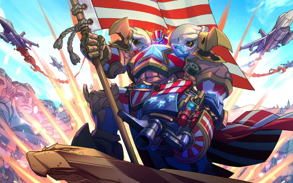 HD PC desktop wallpaper of Khan from Paladins video game: armored patriotic juggernaut clutching a flag and heavy weapon amid explosions and a dramatic sky-filled battlefield.