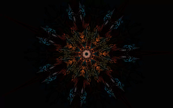 Vibrant abstract kaleidoscope pattern in rich colors radiates symmetrically against a dark background, designed as an HD PC desktop wallpaper and background.