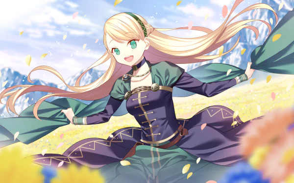 HD PC desktop wallpaper featuring Gelda from Fate/Grand Order in vibrant anime style, with flowing blonde hair and a dynamic pose amidst a bright, floral background.