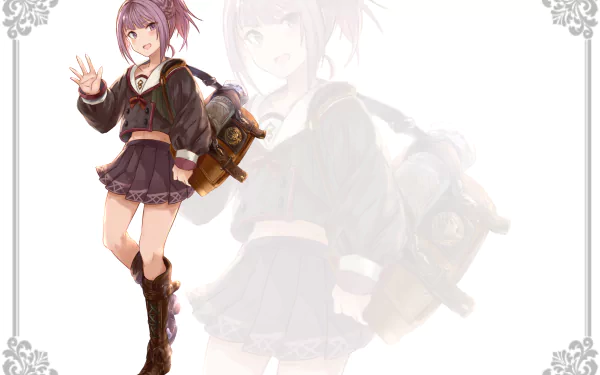 Helena Blavatsky from Fate/Grand Order in anime style, school uniform with satchel and knee boots, standing with a faded oversized portrait behind — 2K Quad HD PC desktop wallpaper.