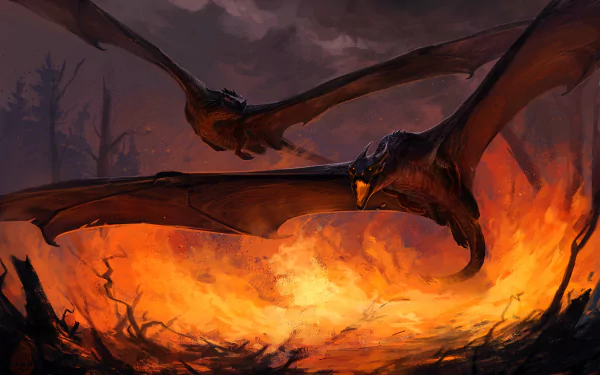 A vivid HD fantasy desktop wallpaper depicting two fire dragons soaring above a blazing inferno, surrounded by dark, smoky skies.