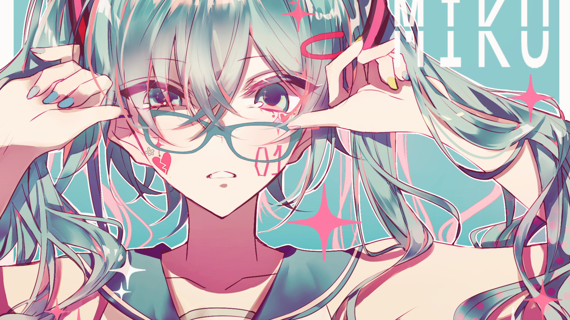 HD anime wallpaper featuring Hatsune Miku from Vocaloid, showcasing her iconic turquoise twin-tails and glasses in a vibrant, stylized design.