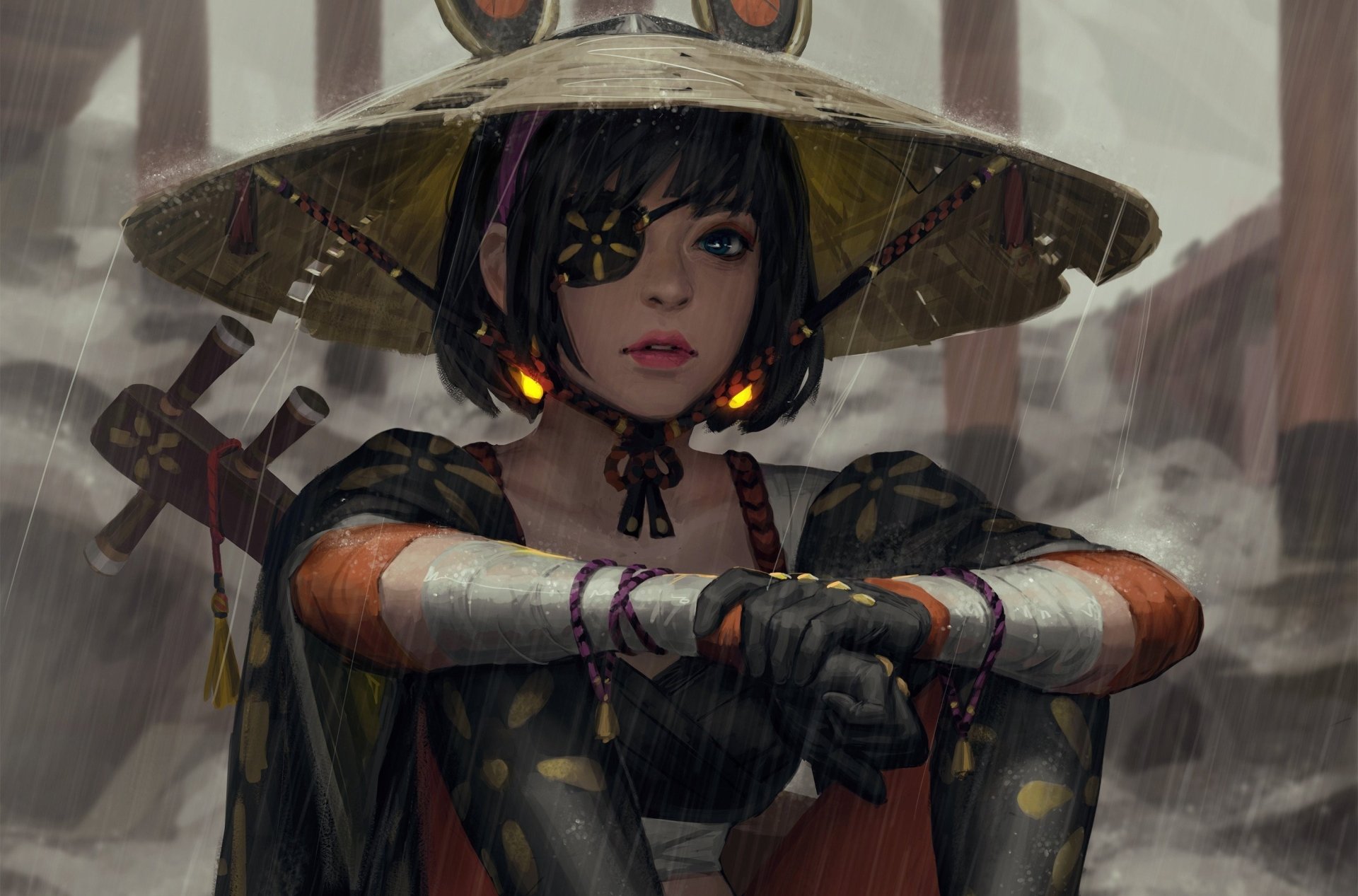 A woman with short hair and blue eyes wears an Asian conical hat and an eye patch, sitting in the rain, exuding a fantasy vibe amid a moody background.