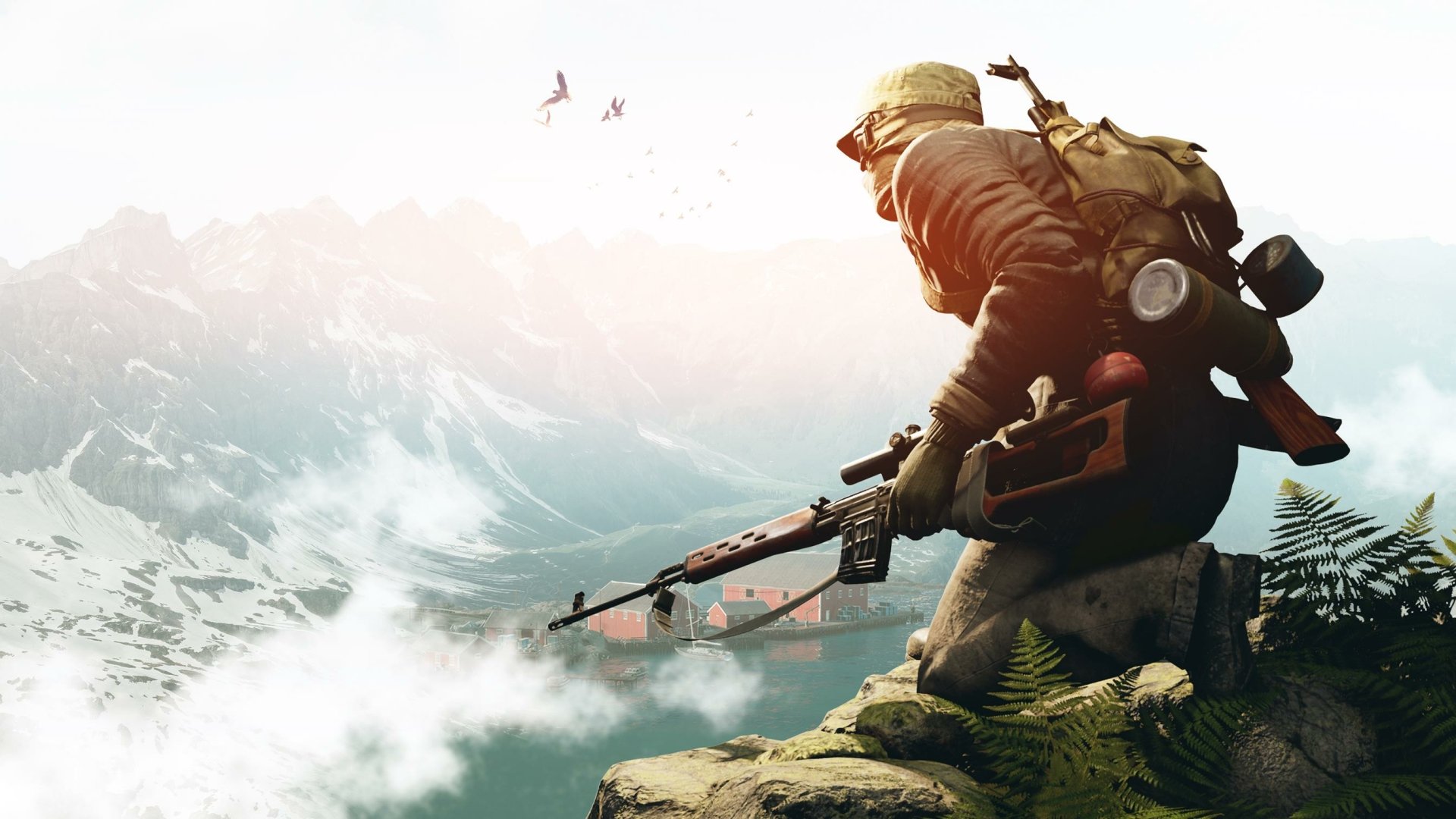 HD wallpaper of an adventurous soldier overlooking a mountainous landscape, embodying vigor, with soaring birds in the background.