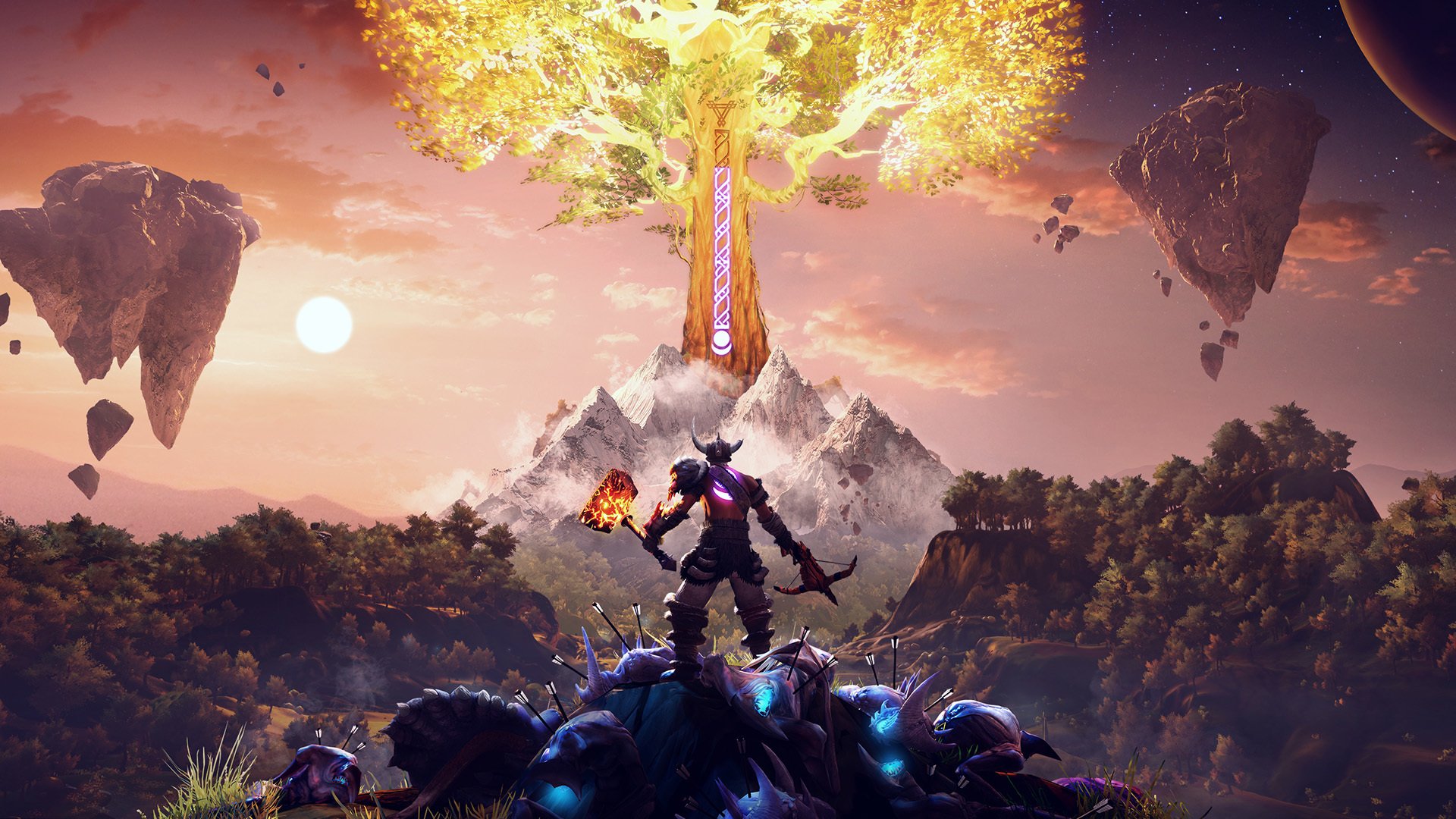 HD wallpaper of a fantasy landscape with floating islands, a glowing tree, and a silhouetted figure in the foreground.