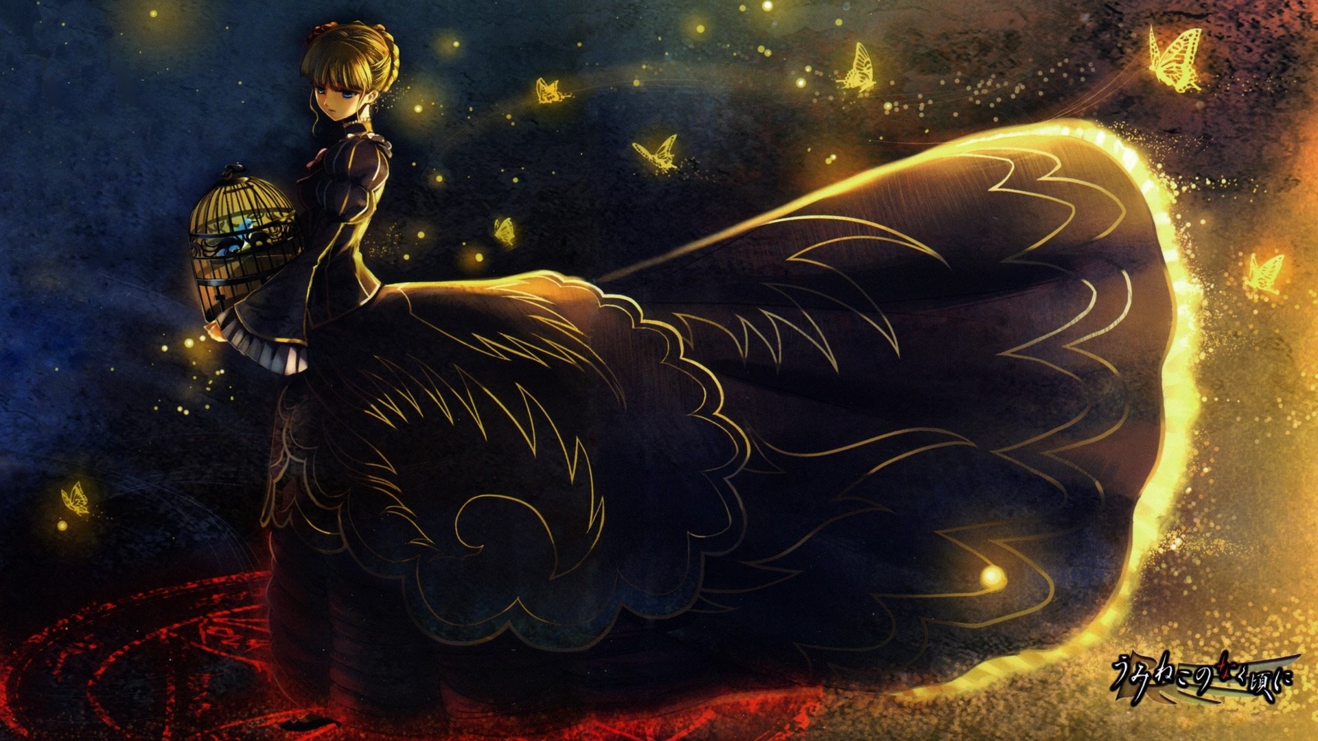 HD PC anime wallpaper of Beatrice from Umineko: When They Cry — a blonde in a dark, billowing dress at night, surrounded by glowing butterflies, holding a birdcage.
